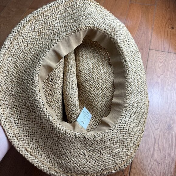Nordstrom Straw Fedora Hat S/M Summer Beach Sun Wide Brim Tan Brown Band Unisex - Picture 4 of 5